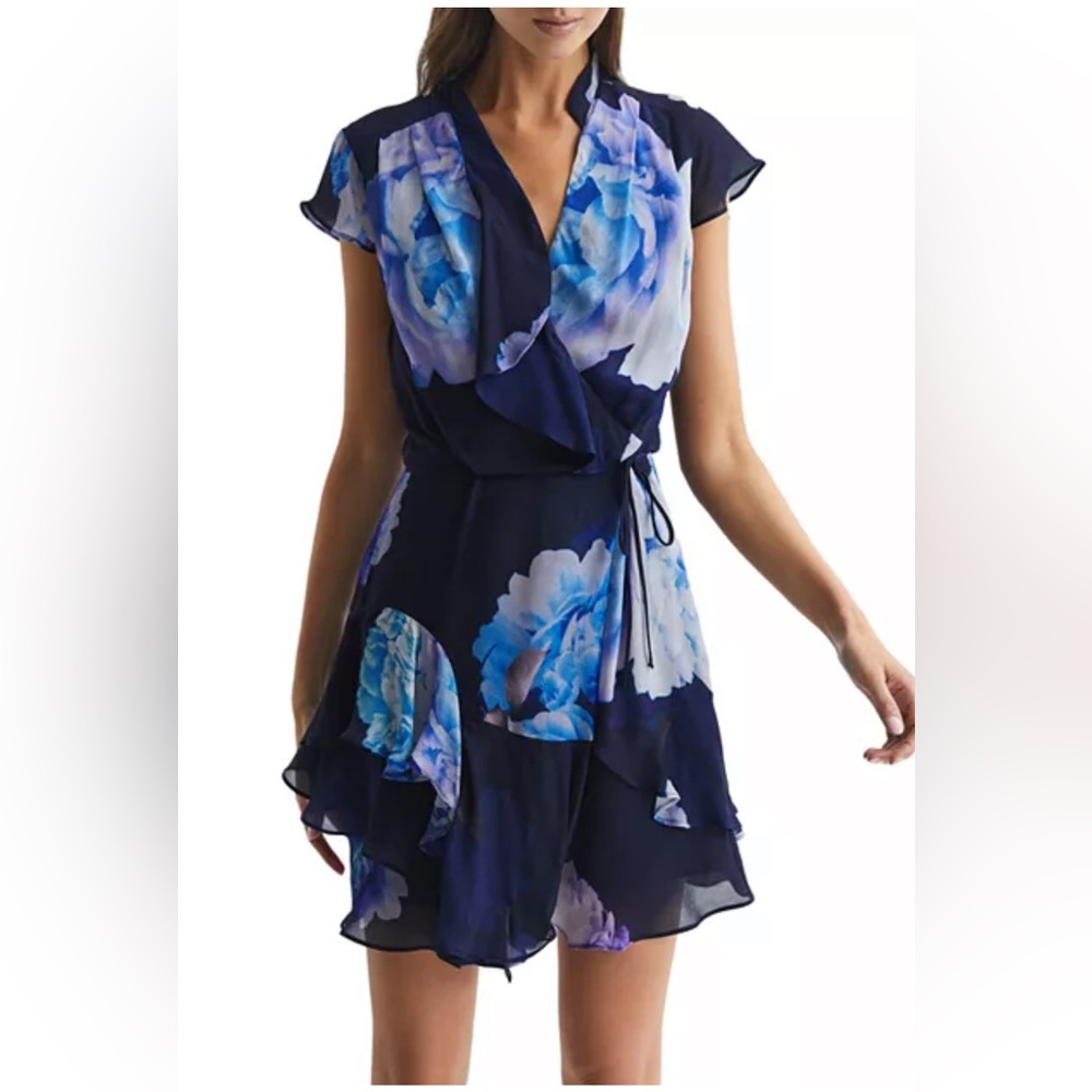 Blue REISS Masey Floral Wrap Dress